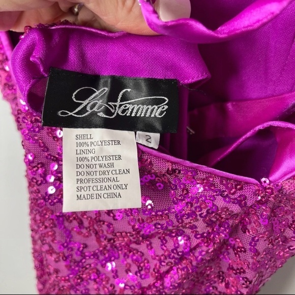 La Femme Strapless Sequin Gown Magenta Pink Cross Back Size 2 Prom Wedding Prom - Picture 12 of 13
